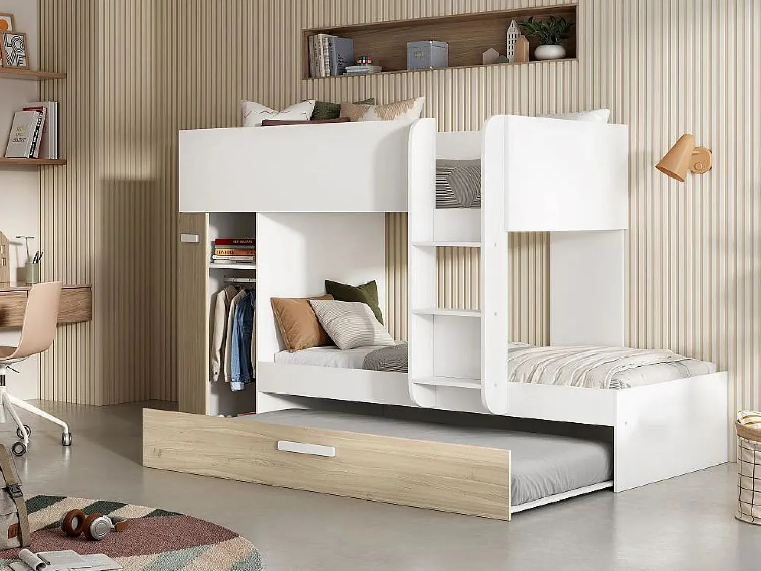 Hot Litera nido y armario 3 x 90 x 190 cm blanco y natural con colchón. ANTHONY Cama Nido|Cama Litera