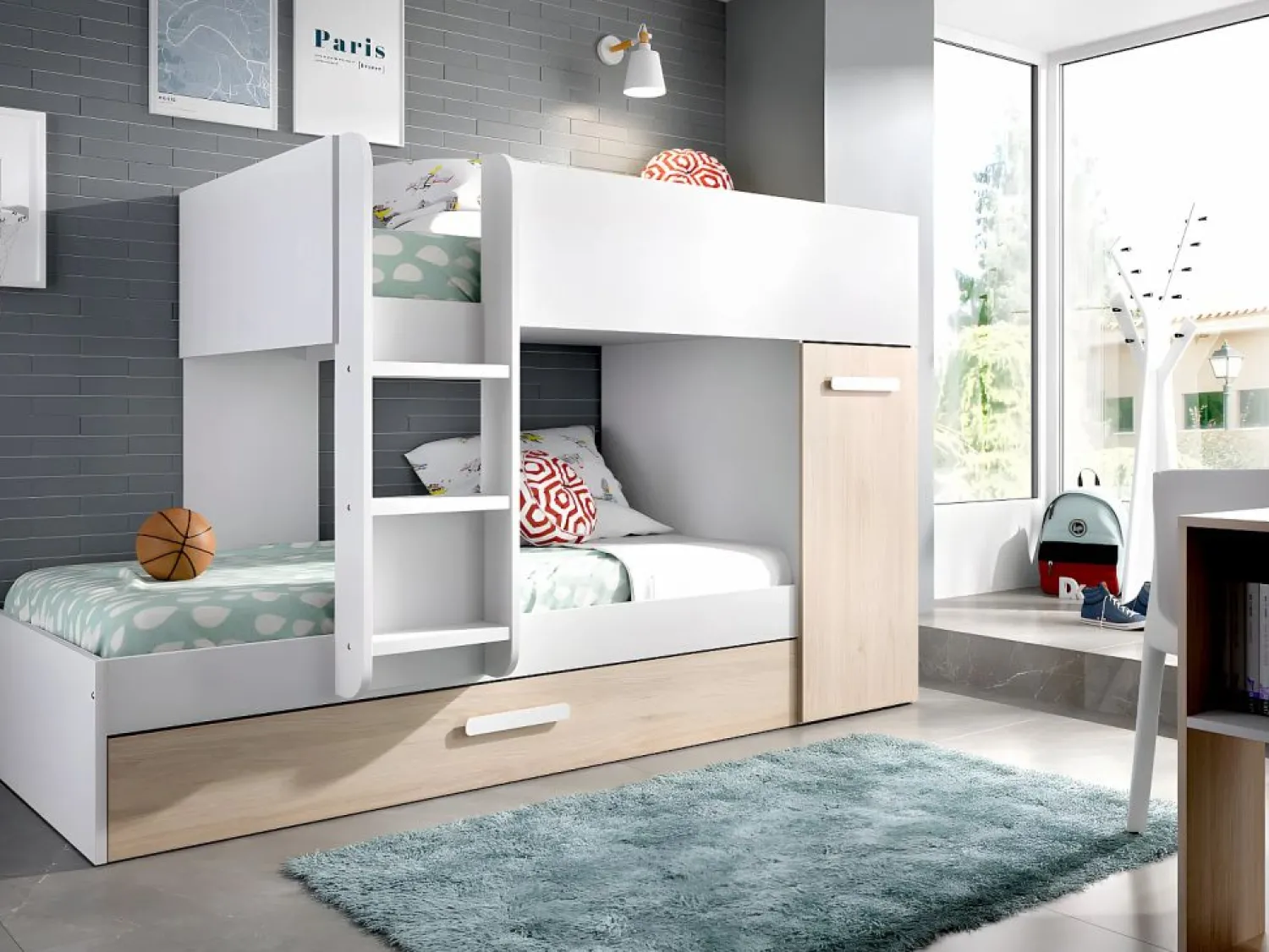 Hot Litera nido y armario 3 x 90 x 190 cm blanco y natural con colchón. ANTHONY Cama Nido|Cama Litera