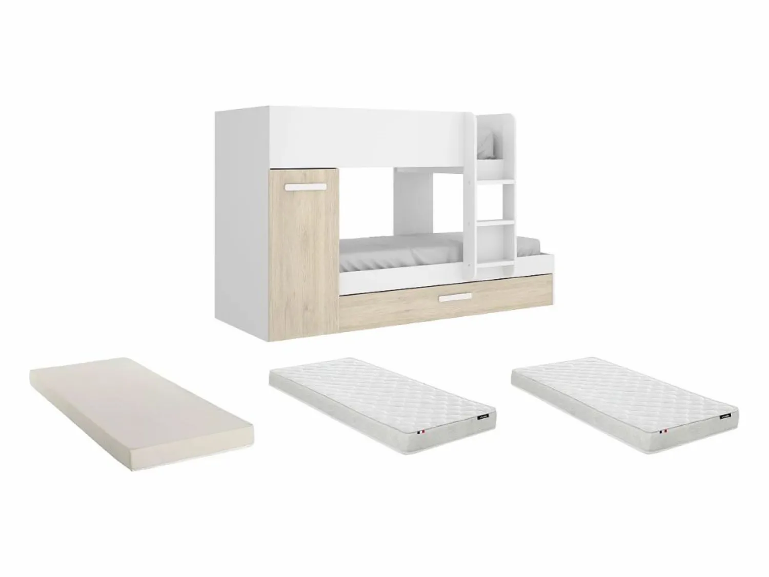 Hot Litera nido y armario 3 x 90 x 190 cm blanco y natural con colchón. ANTHONY Cama Nido|Cama Litera