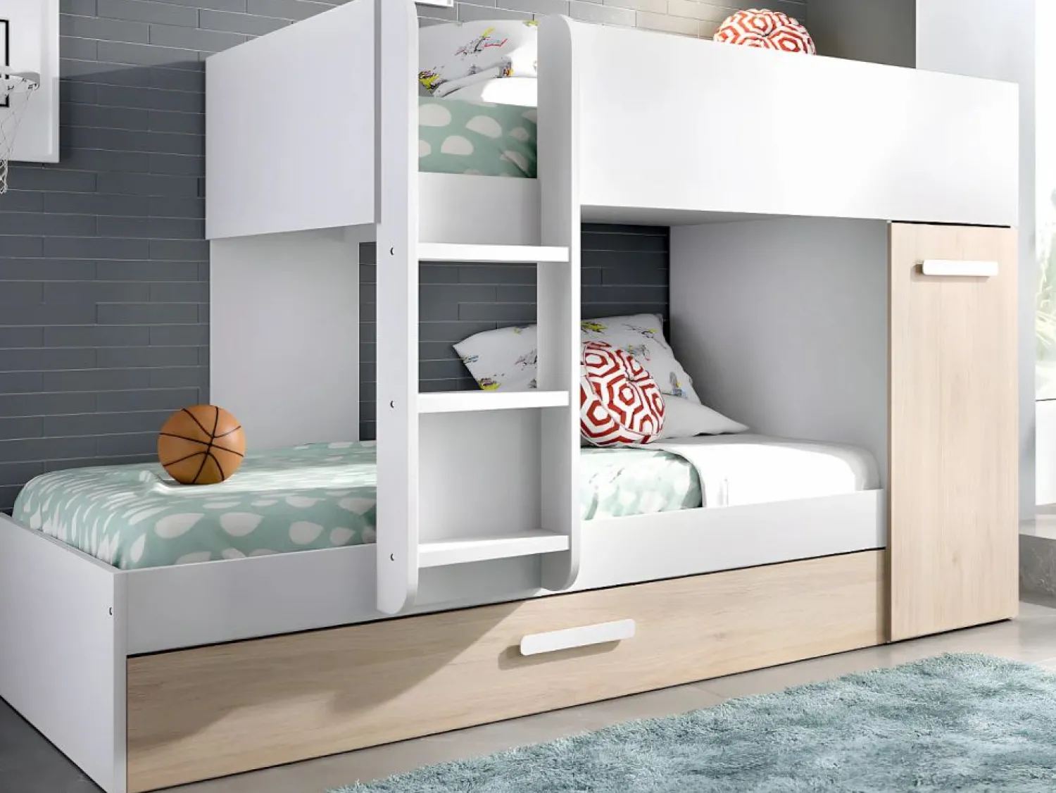 Hot Litera nido y armario 3 x 90 x 190 cm blanco y natural con colchón. ANTHONY Cama Nido|Cama Litera