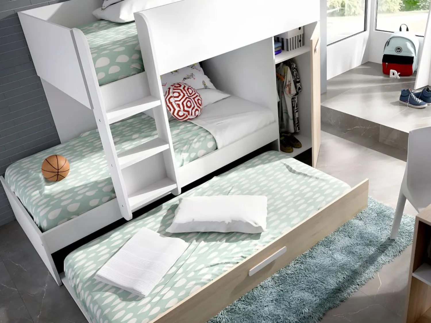 Hot Litera nido y armario 3 x 90 x 190 cm blanco y natural con colchón. ANTHONY Cama Nido|Cama Litera