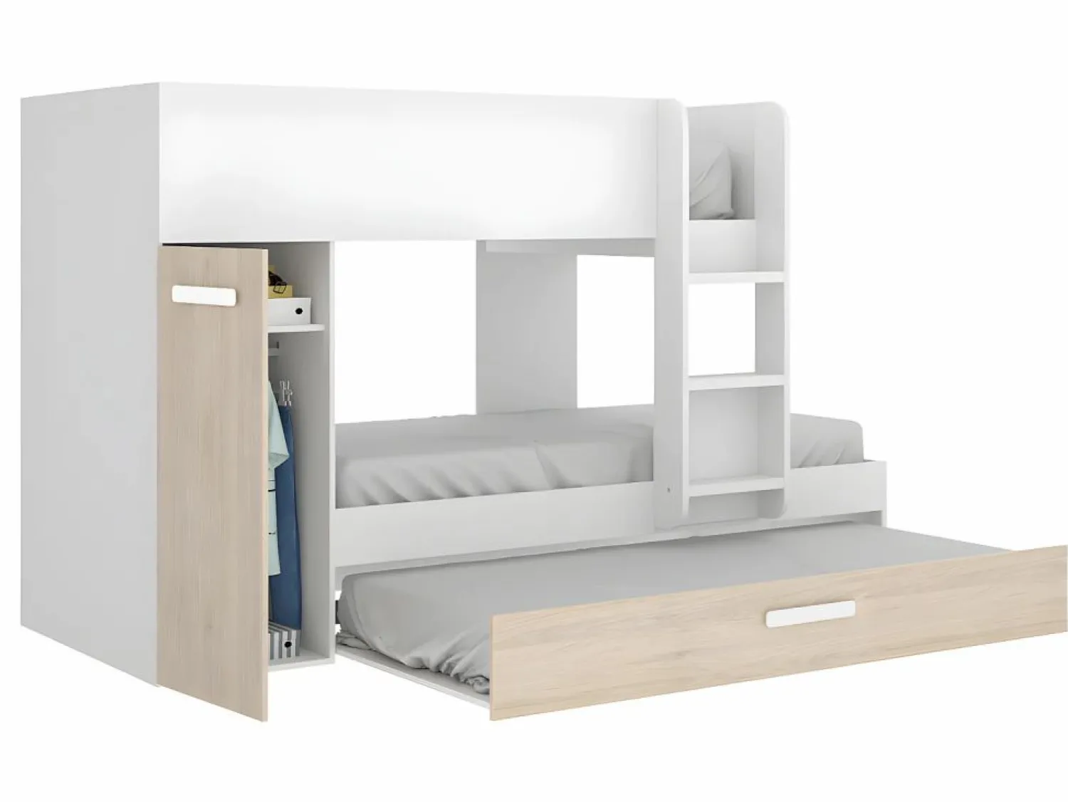Hot Litera nido y armario 3 x 90 x 190 cm blanco y natural con colchón. ANTHONY Cama Nido|Cama Litera