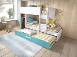 Best Litera nido y armario 3 x 90 x 190 cm blanco natural y azul con colchón ANTHONY Cama Nido|Cama Litera