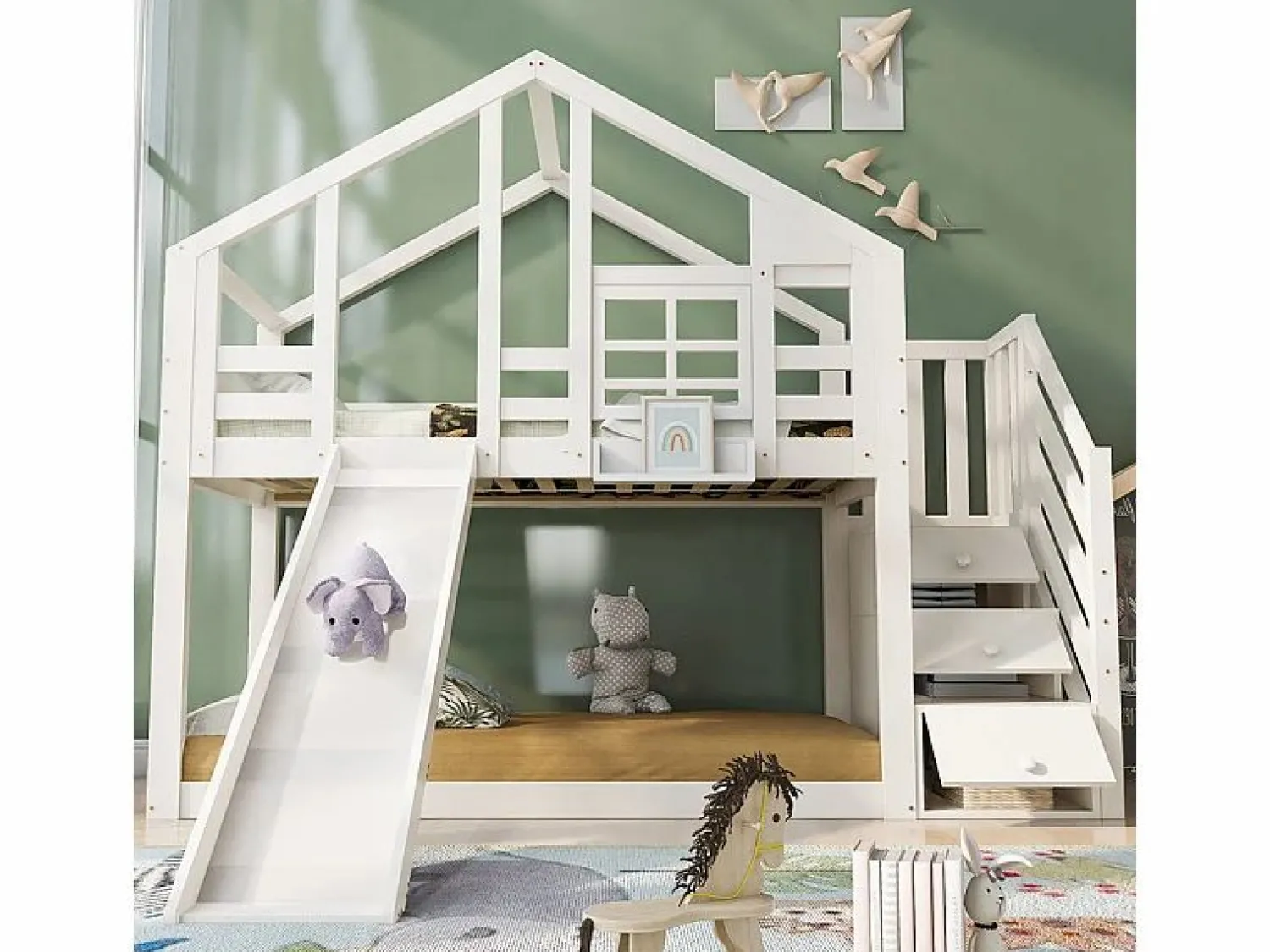 DripeX Litera para niños - con escalera de almacenamiento y tobogán - cama de cabina 2 x 90 x 200 cm - Pin + MDF -