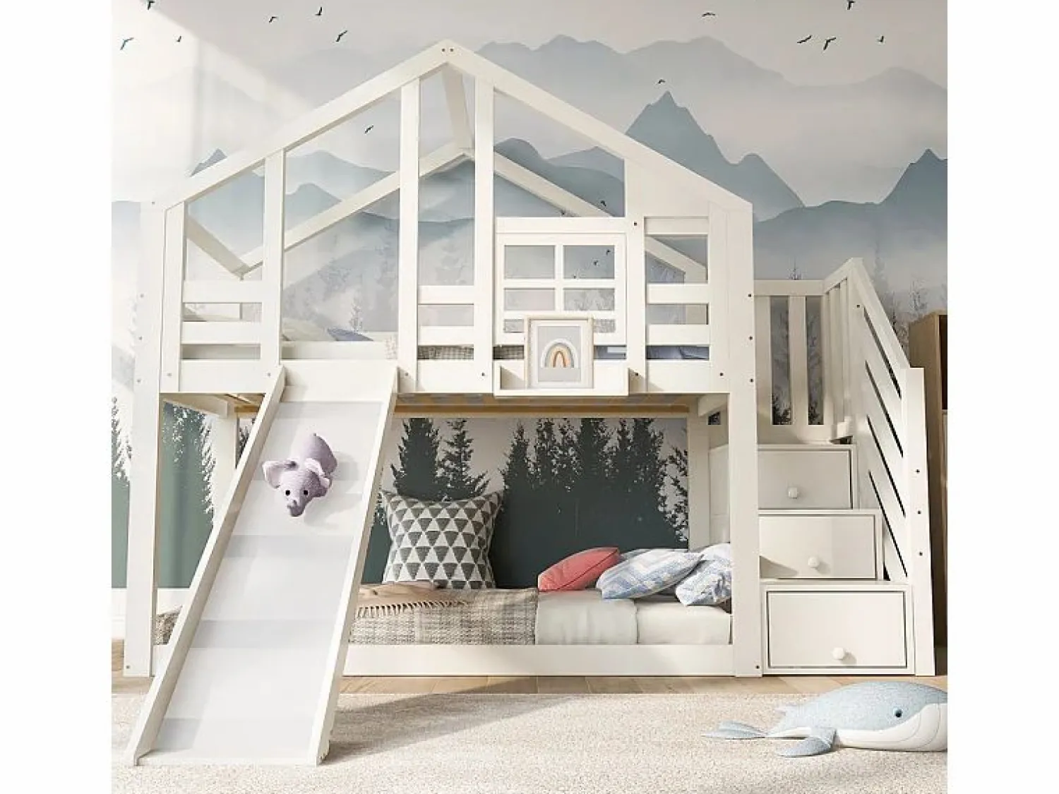 DripeX Litera para niños - con escalera de almacenamiento y tobogán - cama de cabina 2 x 90 x 200 cm - Pin + MDF -