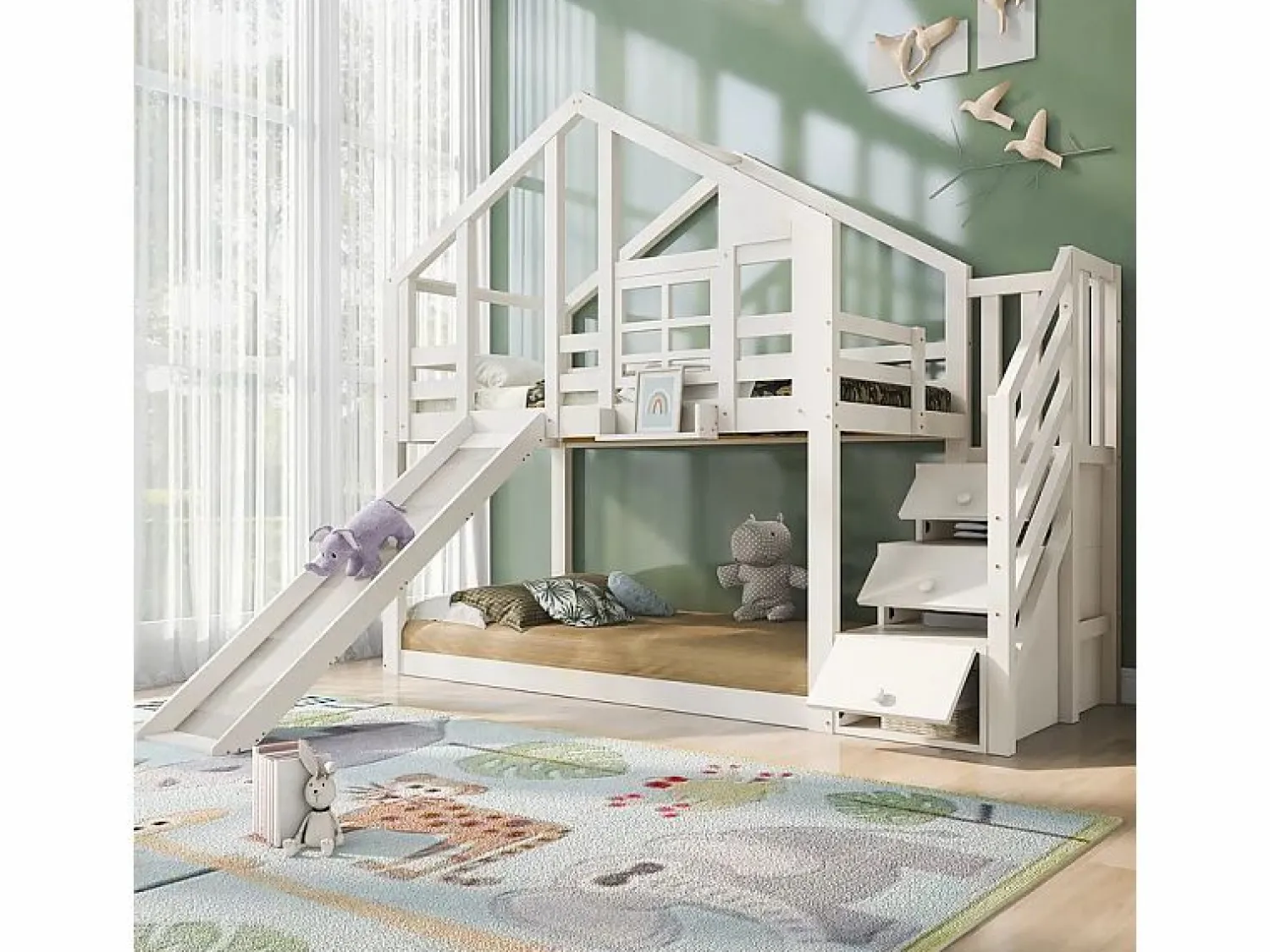 DripeX Litera para niños - con escalera de almacenamiento y tobogán - cama de cabina 2 x 90 x 200 cm - Pin + MDF -