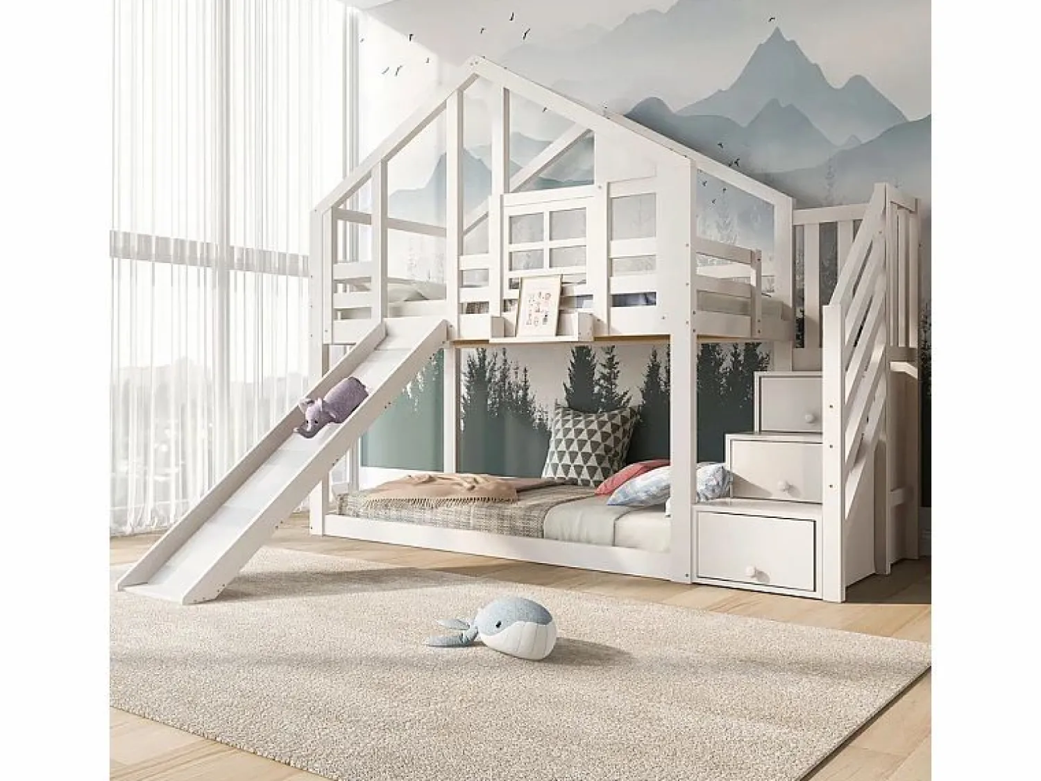 DripeX Litera para niños - con escalera de almacenamiento y tobogán - cama de cabina 2 x 90 x 200 cm - Pin + MDF -