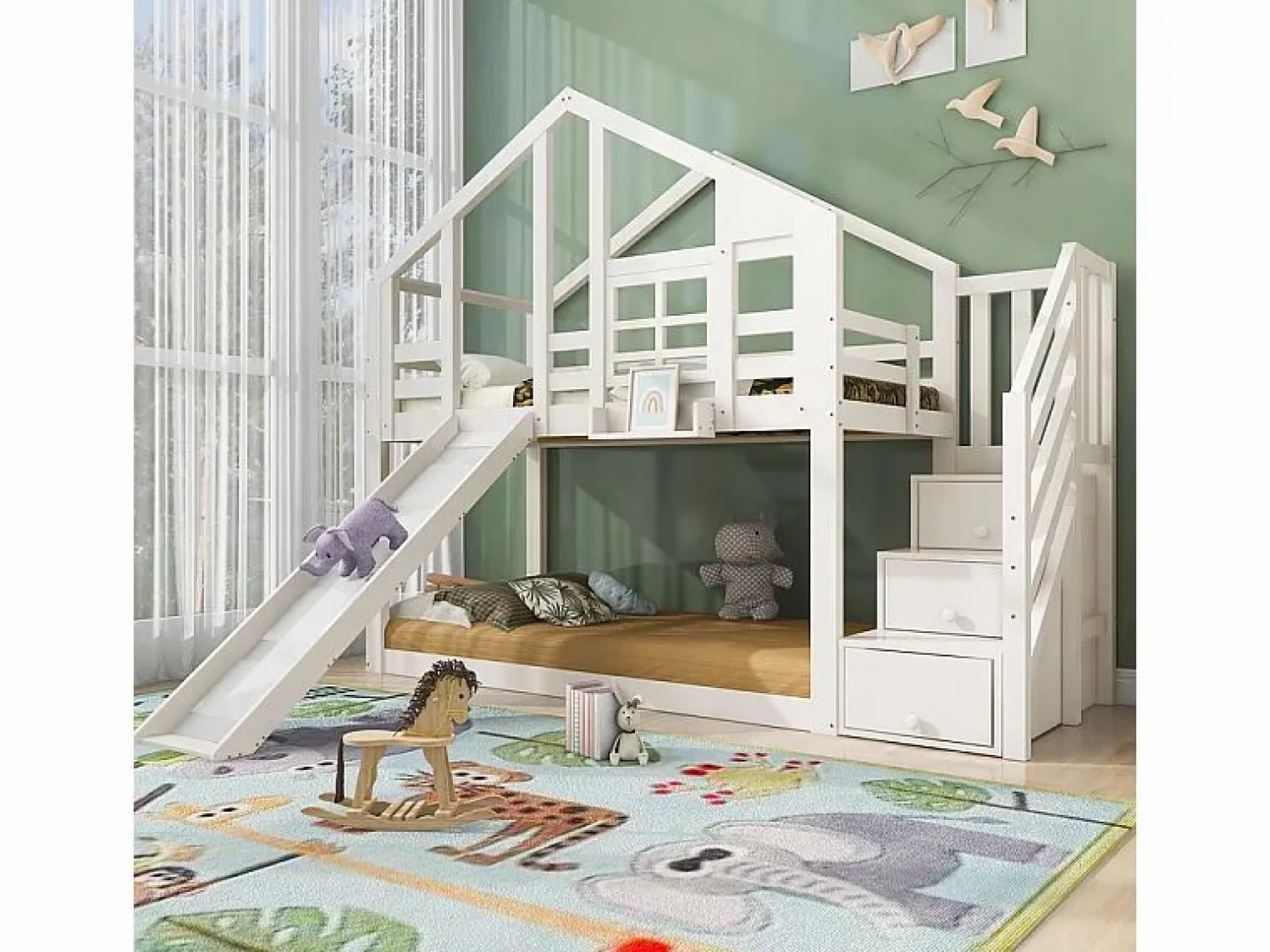 DripeX Litera para niños - con escalera de almacenamiento y tobogán - cama de cabina 2 x 90 x 200 cm - Pin + MDF -