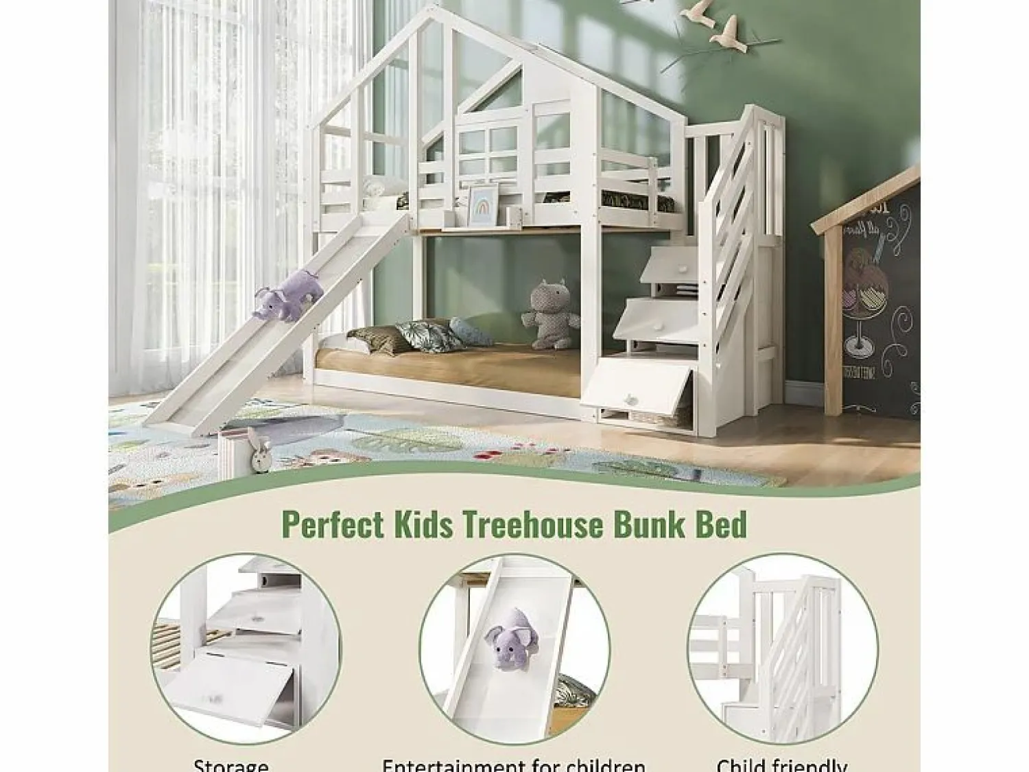 DripeX Litera para niños - con escalera de almacenamiento y tobogán - cama de cabina 2 x 90 x 200 cm - Pin + MDF -