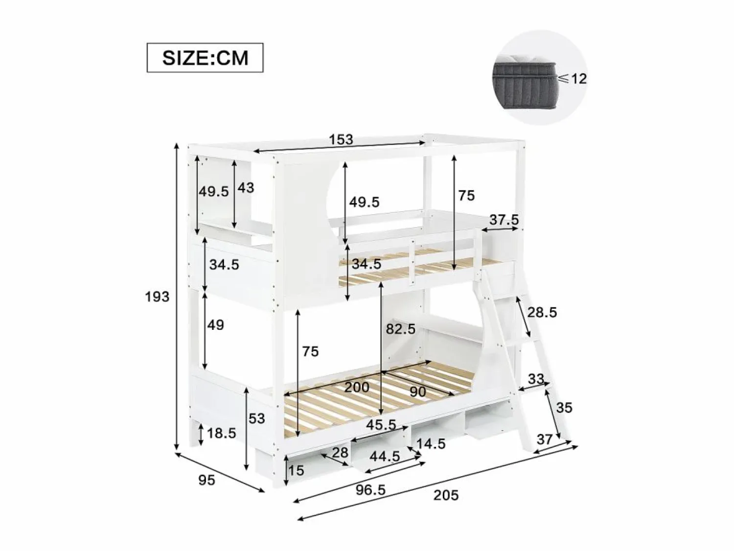 Best KOMHTOM Litera para niños 90 x 200 cm, con barreras de seguridad, mesa, zapatero, escalera inclinada, Blanco