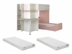 Best Litera rinconera 2 x 90 x 190 cm con escritorio gris blanco y rosa + colchón - SAMUEL Cama Litera