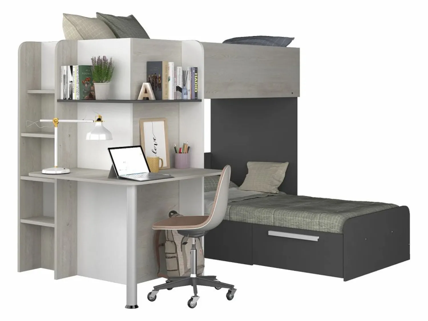 Best Vente-unique Litera rinconera 2 x 90 x 190 cm con escritorio gris blanco y negro + colchón - SAMUEL Negro / Gris claro
