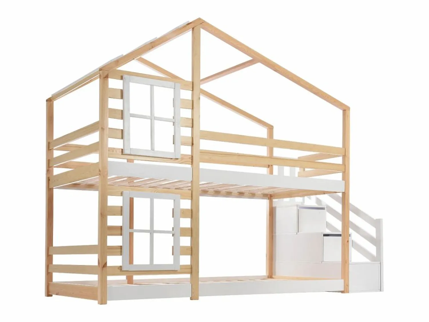 ModernLuxe Litera tipo cabina de pino macizo con barreras anticaída y escalera de almacenamiento - 90x200 cm - natural y blanco