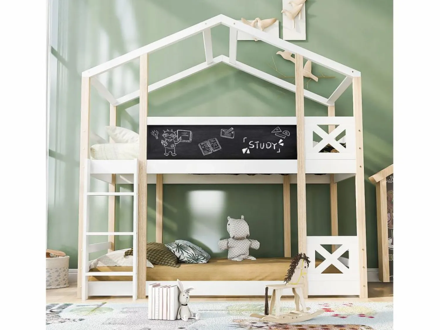 New ModernLuxe Litera tipo cabina de pino macizo con barreras anticaída + escalera + pizarra - 90x200 cm - natural y - Blanco
