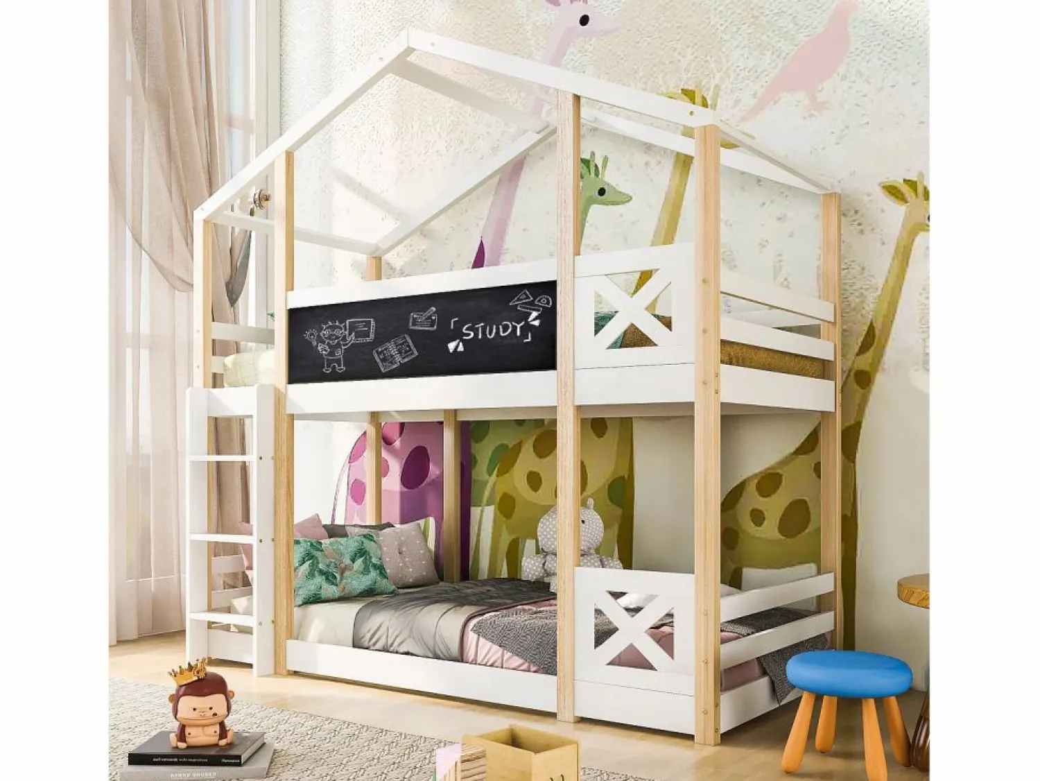 New ModernLuxe Litera tipo cabina de pino macizo con barreras anticaída + escalera + pizarra - 90x200 cm - natural y - Blanco