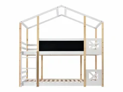 New ModernLuxe Litera tipo cabina de pino macizo con barreras anticaída + escalera + pizarra - 90x200 cm - natural y - Blanco