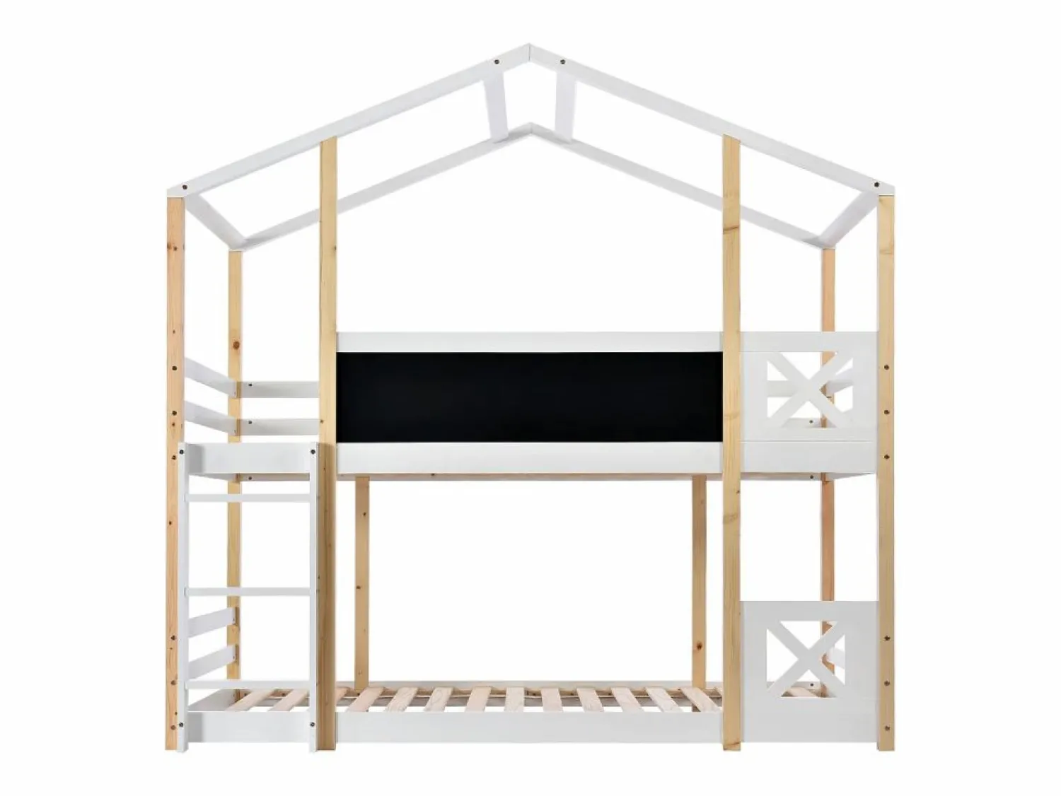New ModernLuxe Litera tipo cabina de pino macizo con barreras anticaída + escalera + pizarra - 90x200 cm - natural y - Blanco