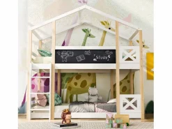 New ModernLuxe Litera tipo cabina de pino macizo con barreras anticaída + escalera + pizarra - 90x200 cm - natural y - Blanco