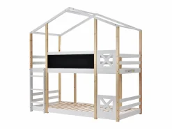 New ModernLuxe Litera tipo cabina de pino macizo con barreras anticaída + escalera + pizarra - 90x200 cm - natural y - Blanco