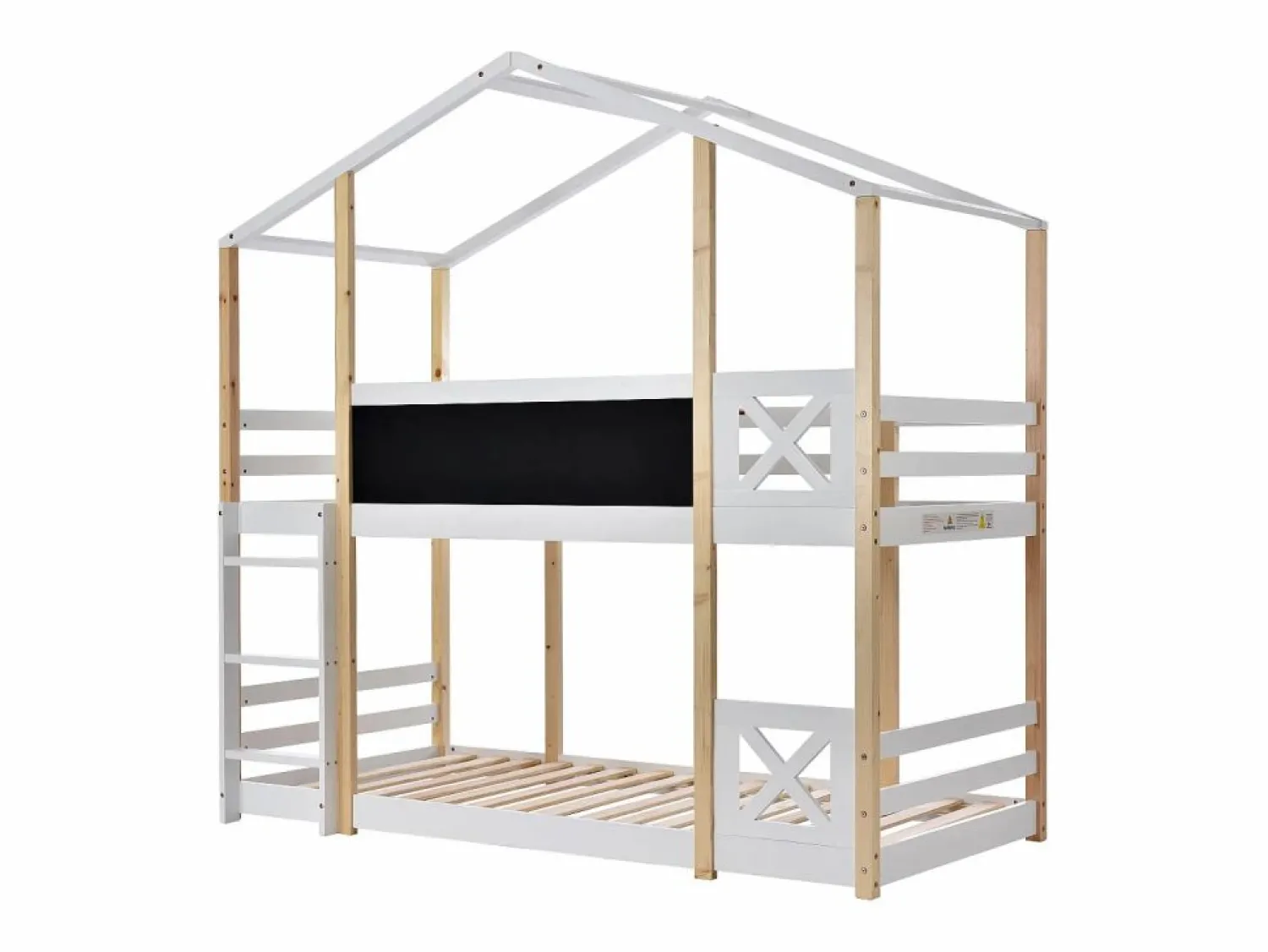 New ModernLuxe Litera tipo cabina de pino macizo con barreras anticaída + escalera + pizarra - 90x200 cm - natural y - Blanco