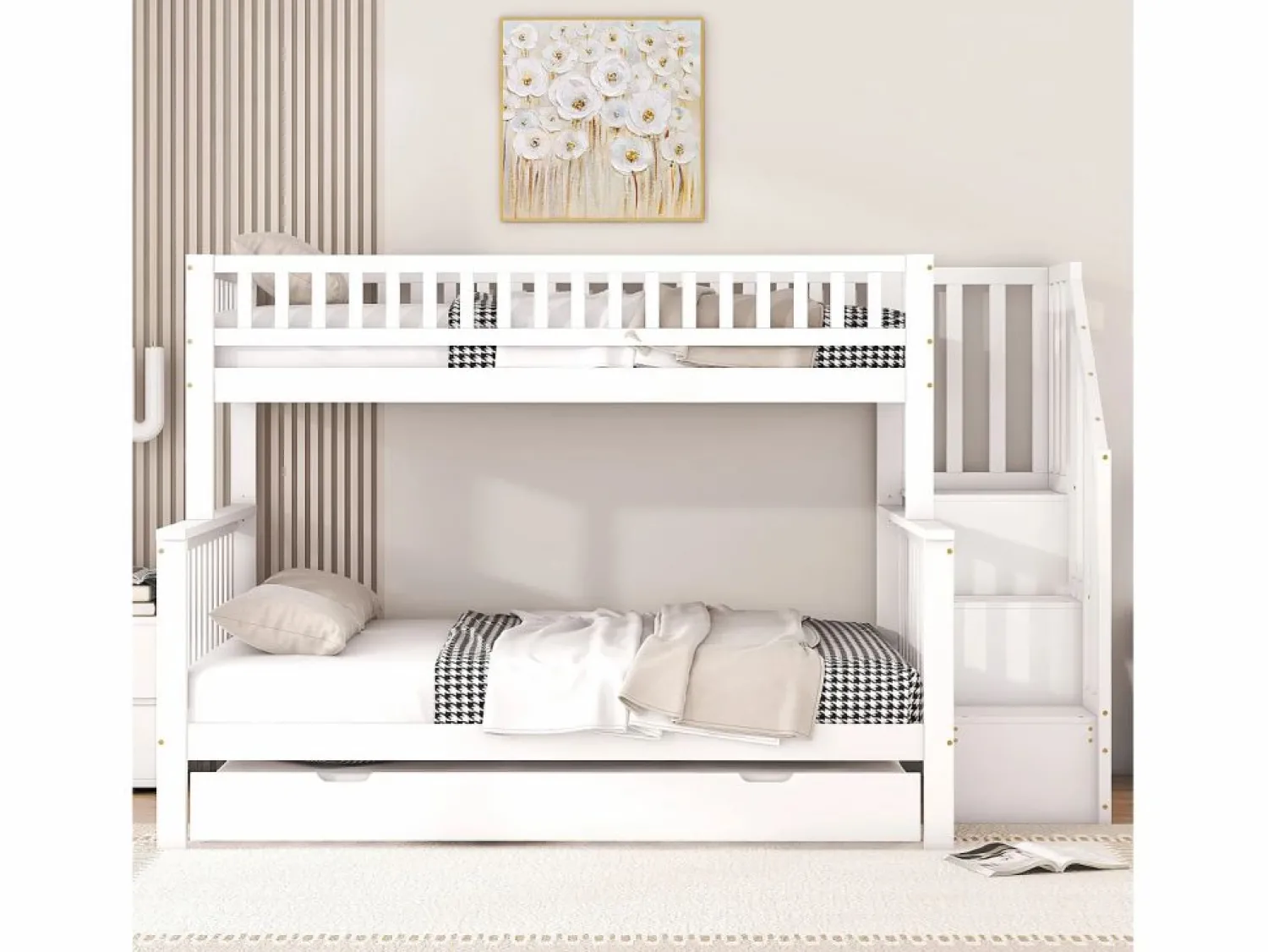 New Litera 90x200 cm y 140x200 cm con cama nido 90x190 cm - Escalera de almacenaje - Madera blanca Cama Litera