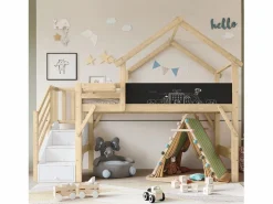 Online Litera 90x200cm tablero para pintar estilo casita escalera con almacenaje madera blanco y natural para habitación infantil (Sin colchón) Color natural claro