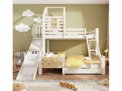 Hot literas 90×200 cm + 140×200 cm - con tobogán - con 1 cajón - con tejado y ventanas - Madera maciza + MDF - (sin colchón) Cama Litera
