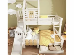 Hot literas 90×200 cm + 140×200 cm - con tobogán - con 1 cajón - con tejado y ventanas - Madera maciza + MDF - (sin colchón) Cama Litera