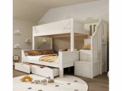 ModernLuxe literas 90×200 cm +140×200 cm - escalera con almacenamiento - con 2 cajones - Madera maciza + MDF - (sin colchón) Blanco