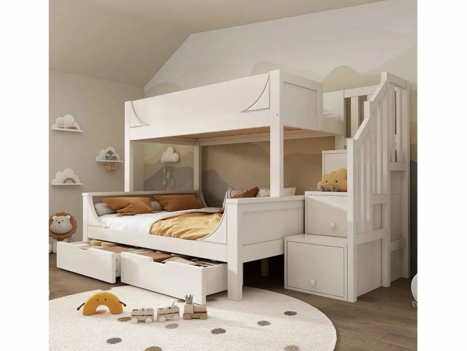 ModernLuxe literas 90×200 cm +140×200 cm - escalera con almacenamiento - con 2 cajones - Madera maciza + MDF - (sin colchón) Blanco