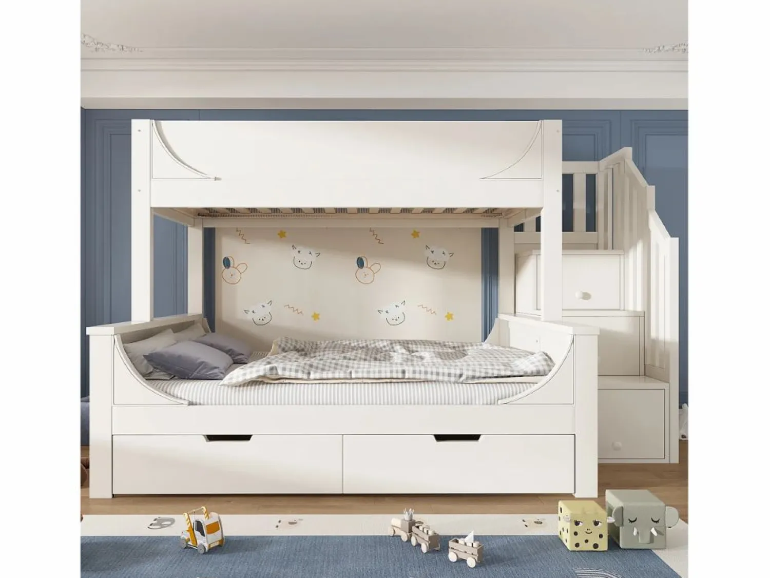 ModernLuxe literas 90×200 cm +140×200 cm - escalera con almacenamiento - con 2 cajones - Madera maciza + MDF - (sin colchón) Blanco