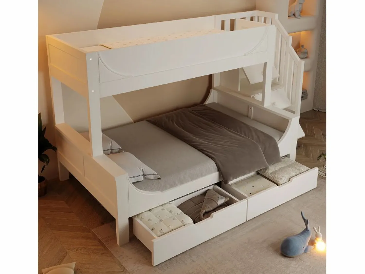 ModernLuxe literas 90×200 cm +140×200 cm - escalera con almacenamiento - con 2 cajones - Madera maciza + MDF - (sin colchón) Blanco