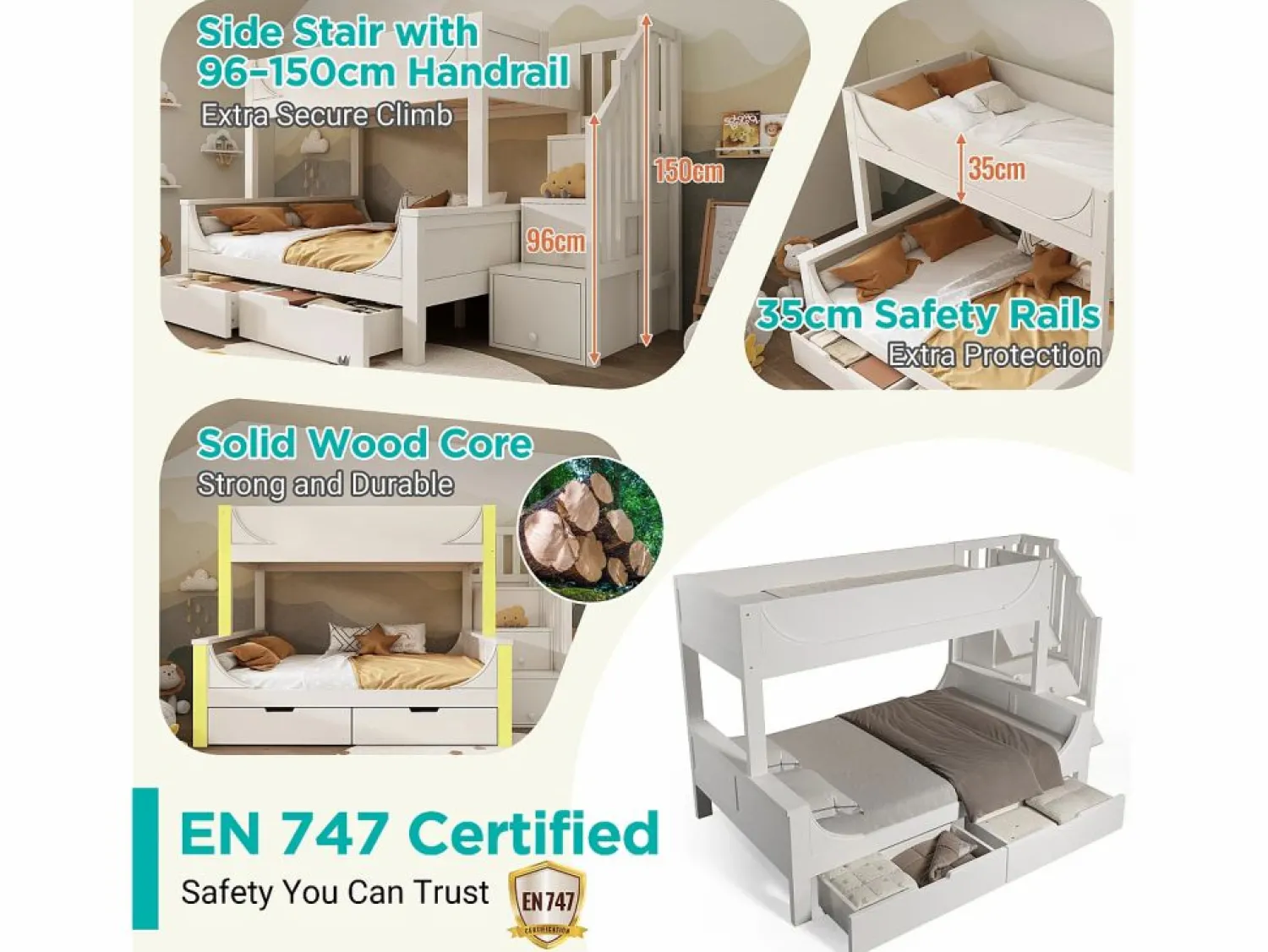 ModernLuxe literas 90×200 cm +140×200 cm - escalera con almacenamiento - con 2 cajones - Madera maciza + MDF - (sin colchón) Blanco