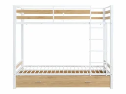 Vente-unique Literas 2 x 90 x 190 cm 1 cajón metal y MDF color natural y blanco - CASIDIA