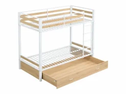 Vente-unique Literas 2 x 90 x 190 cm 1 cajón metal y MDF color natural y blanco - CASIDIA