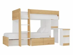 Outlet Literas 2 x 90 x 190 cm con escritorio y almacenamiento natural y blanco - LOMIDEN Cama Litera|Cama Con Almacenaje