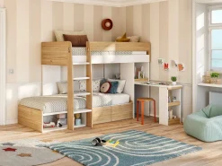 Hot Literas 2 x 90 x 190 cm escritorio y almacenamiento natural y blanco + colchones - LOMIDEN Cama Litera
