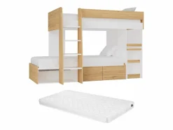 Hot Literas 2 x 90 x 190 cm escritorio y almacenamiento natural y blanco + colchones - LOMIDEN Cama Litera
