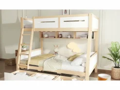 Online literas de madera 90×200 cm + 120×200 cm - con escalera y 3 cajones - blanco + natural (sin colchón) Cama Litera
