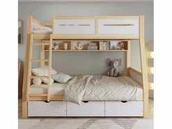 Online literas de madera 90×200 cm + 120×200 cm - con escalera y 3 cajones - blanco + natural (sin colchón) Cama Litera