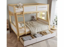 Online literas de madera 90×200 cm + 120×200 cm - con escalera y 3 cajones - blanco + natural (sin colchón) Cama Litera