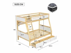 Online literas de madera 90×200 cm + 120×200 cm - con escalera y 3 cajones - blanco + natural (sin colchón) Cama Litera