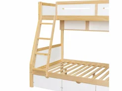 Online literas de madera 90×200 cm + 120×200 cm - con escalera y 3 cajones - blanco + natural (sin colchón) Cama Litera