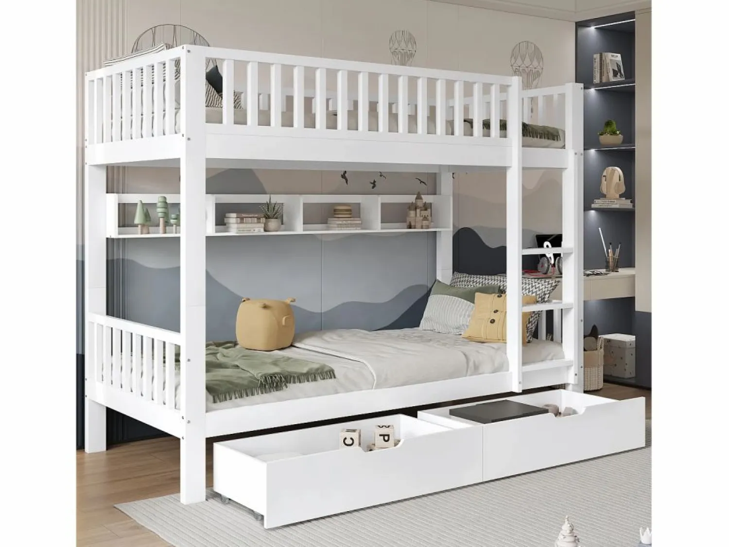 Sale Literas infantiles - 2 x 90 x 200 cm - con barandilla de seguridad + estantes + 2 cajones - MDF - Cama Litera
