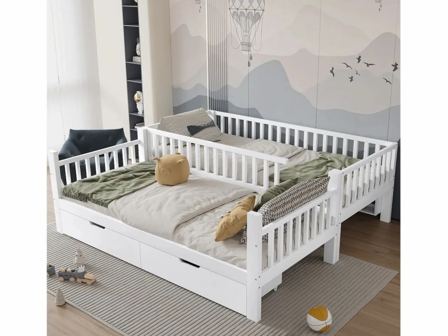 Sale Literas infantiles - 2 x 90 x 200 cm - con barandilla de seguridad + estantes + 2 cajones - MDF - Cama Litera