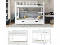 Sale Literas infantiles - 2 x 90 x 200 cm - con barandilla de seguridad + estantes + 2 cajones - MDF - Cama Litera