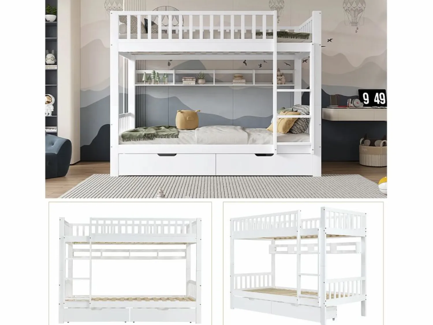Sale Literas infantiles - 2 x 90 x 200 cm - con barandilla de seguridad + estantes + 2 cajones - MDF - Cama Litera
