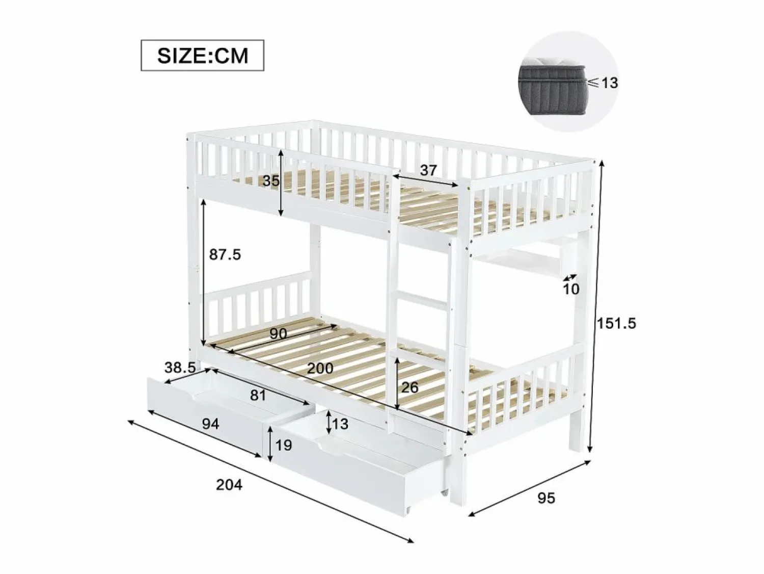 Sale Literas infantiles - 2 x 90 x 200 cm - con barandilla de seguridad + estantes + 2 cajones - MDF - Cama Litera