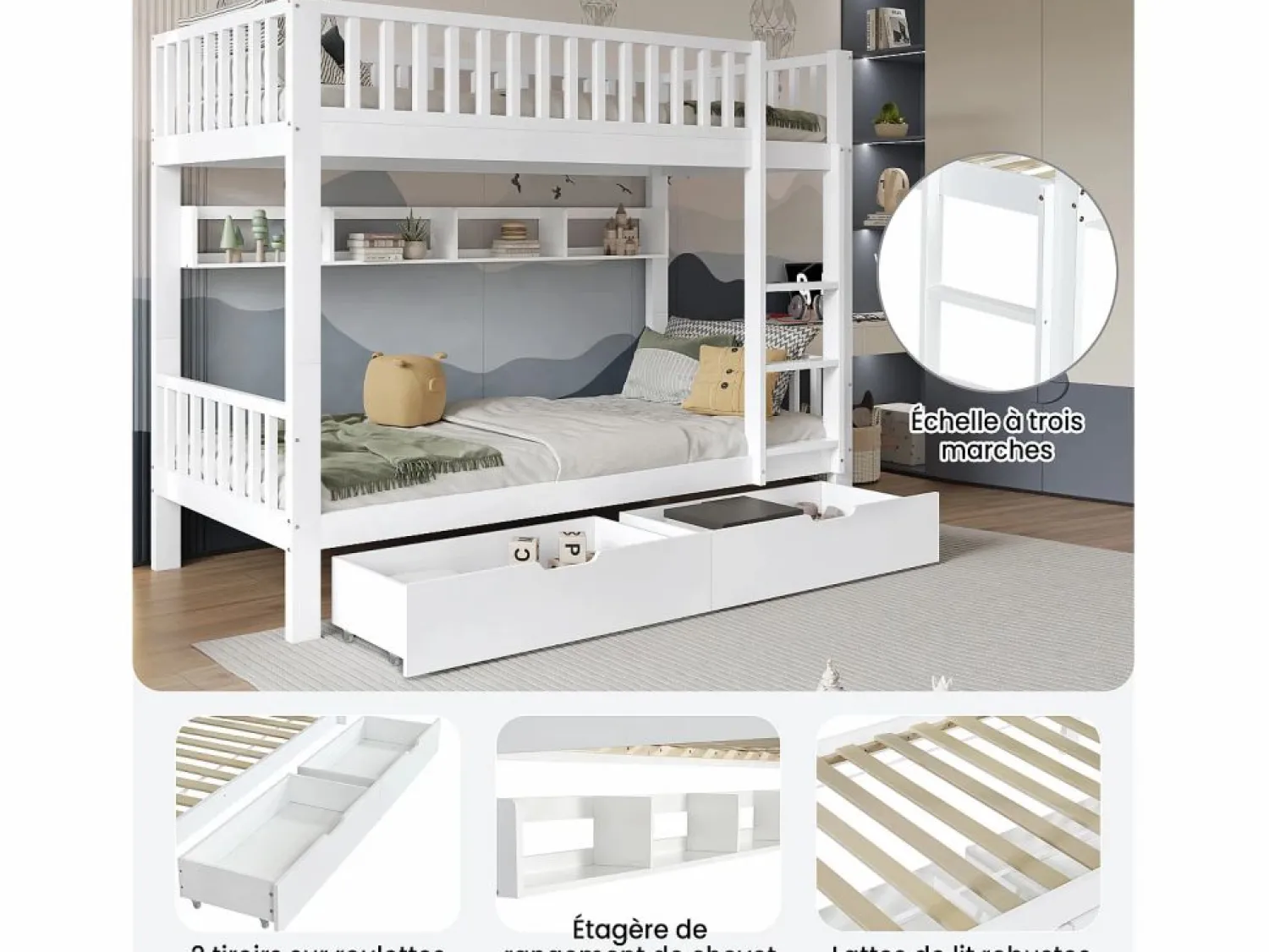 Sale Literas infantiles - 2 x 90 x 200 cm - con barandilla de seguridad + estantes + 2 cajones - MDF - Cama Litera