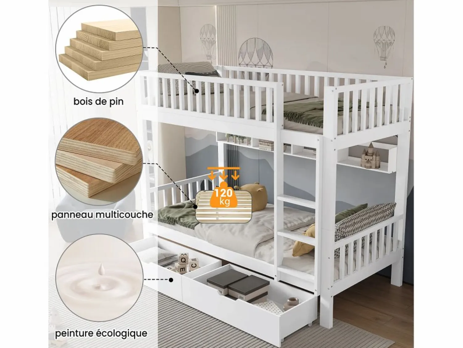 Sale Literas infantiles - 2 x 90 x 200 cm - con barandilla de seguridad + estantes + 2 cajones - MDF - Cama Litera